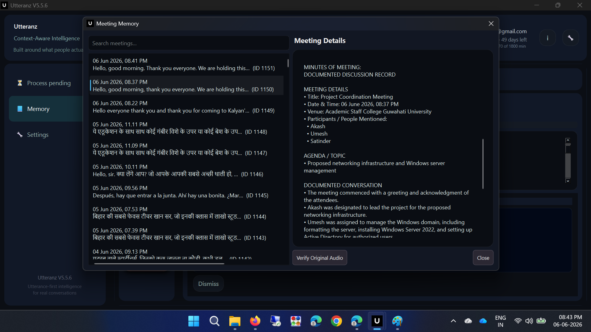 Utteranz — Meeting Memory search console with full conversation history and MoM retrieval